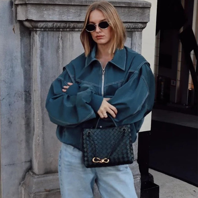 Veste zippée à revers de mode ample Cool à manches longues Fermeture à glissière Moto Biker Veste en cuir Vêtements pour femmes - Paris Aura