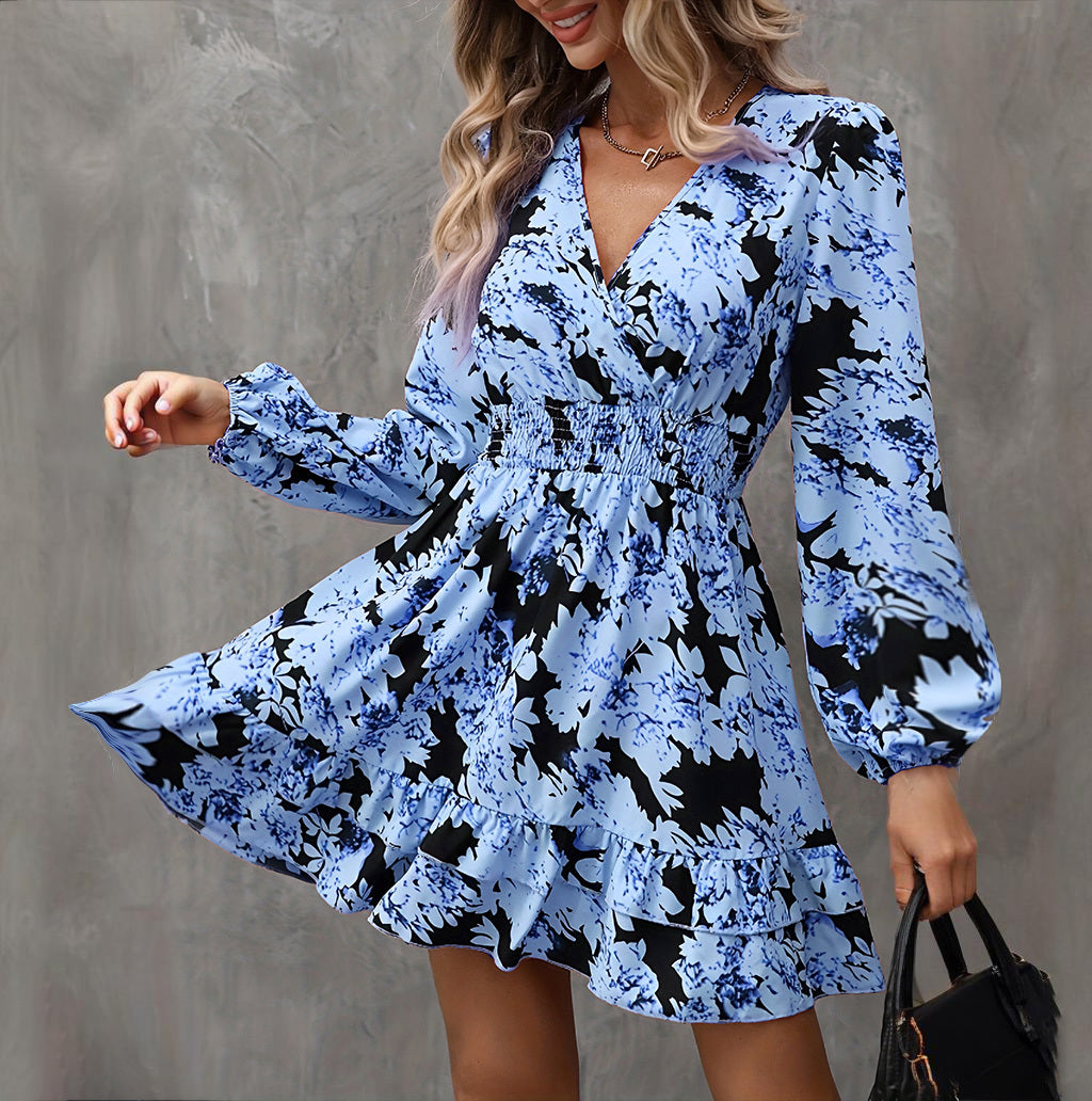 Robe Élégante Imprimée – Manches Lanterne, Décolleté en V & Taille Froncée - Paris Aura