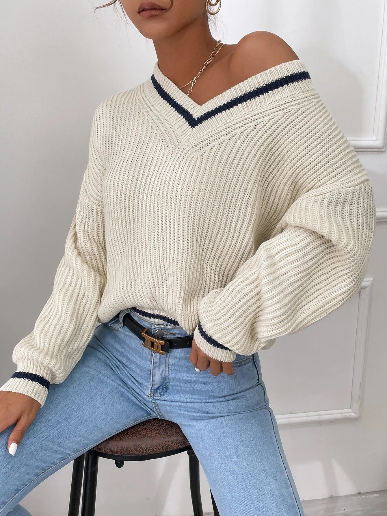 Pull en Maille à Rayures V-Neck pour Femme - Paris Aura