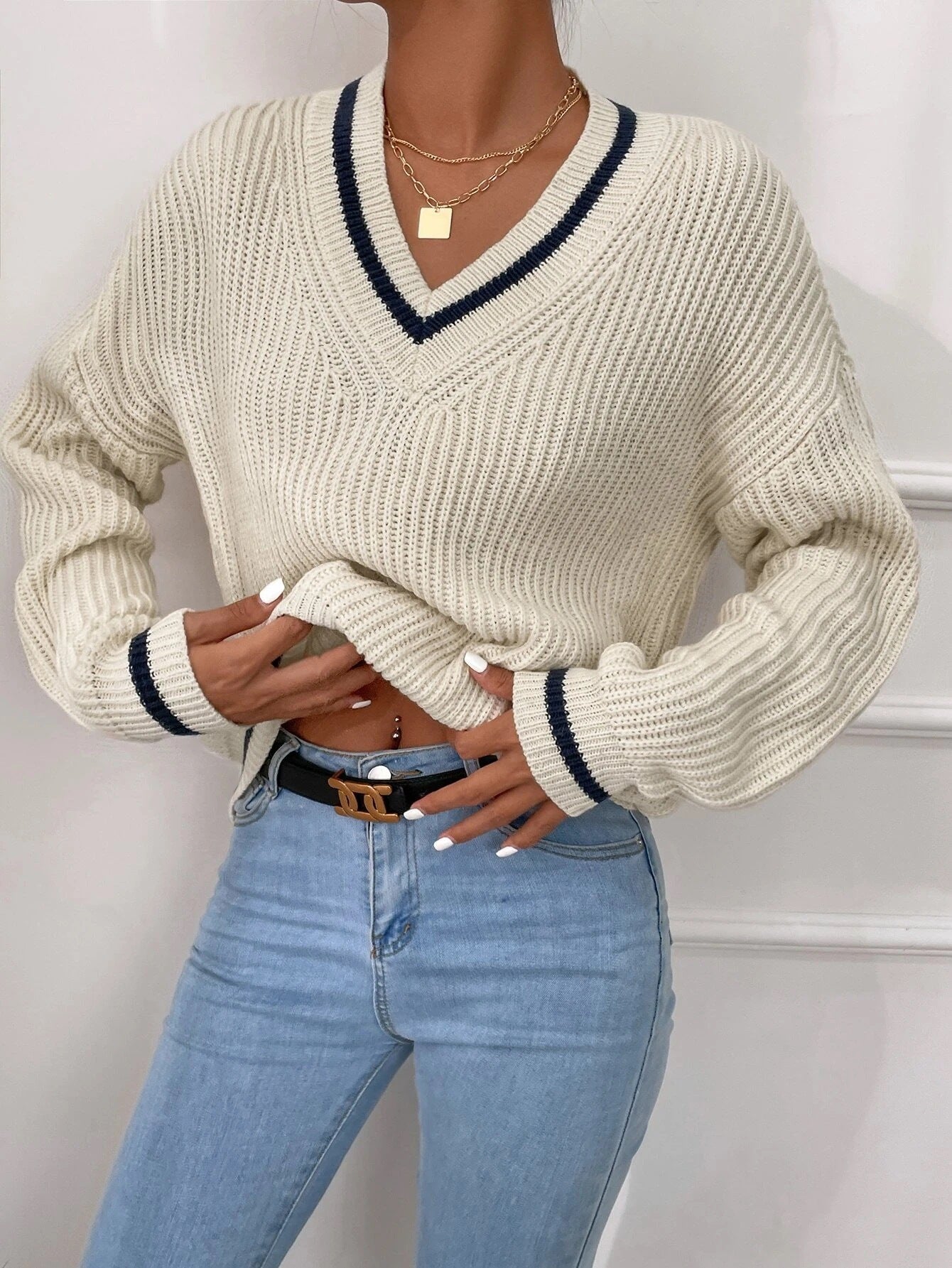 Pull en Maille à Rayures V-Neck pour Femme - Paris Aura