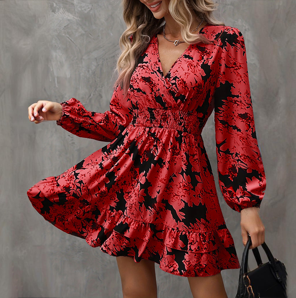 Robe Élégante Imprimée – Manches Lanterne, Décolleté en V & Taille Froncée - Paris Aura