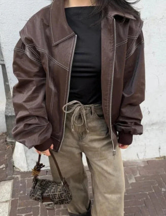 Veste zippée à revers de mode ample Cool à manches longues Fermeture à glissière Moto Biker Veste en cuir Vêtements pour femmes - Paris Aura