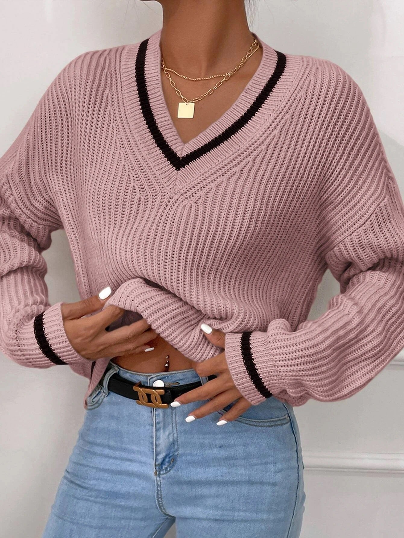 Pull en Maille à Rayures V-Neck pour Femme