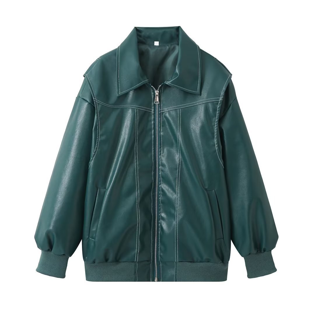 Veste zippée à revers de mode ample Cool à manches longues Fermeture à glissière Moto Biker Veste en cuir Vêtements pour femmes - Paris Aura