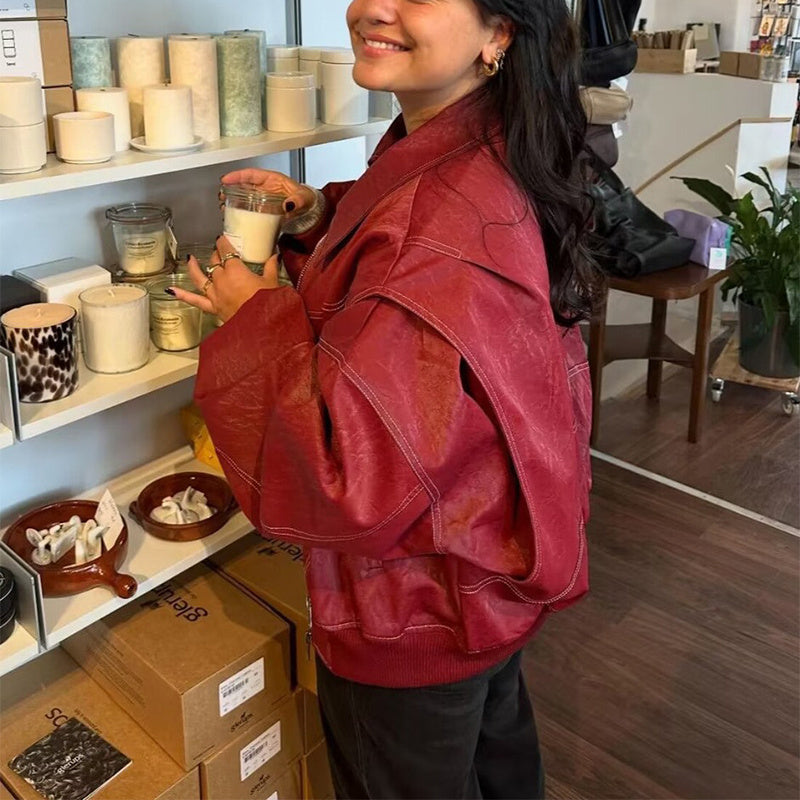 Veste zippée à revers de mode ample Cool à manches longues Fermeture à glissière Moto Biker Veste en cuir Vêtements pour femmes - Paris Aura
