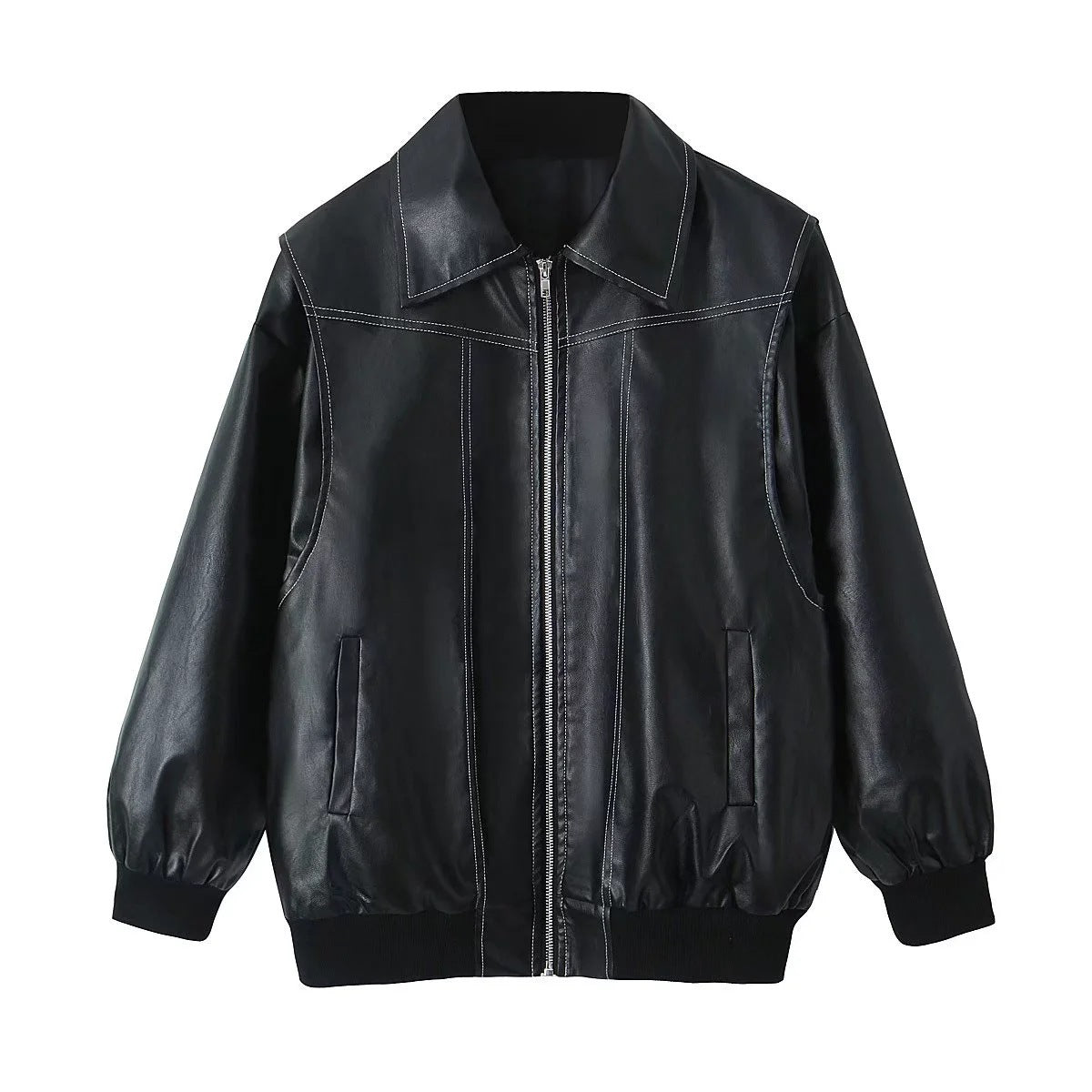 Veste zippée à revers de mode ample Cool à manches longues Fermeture à glissière Moto Biker Veste en cuir Vêtements pour femmes - Paris Aura