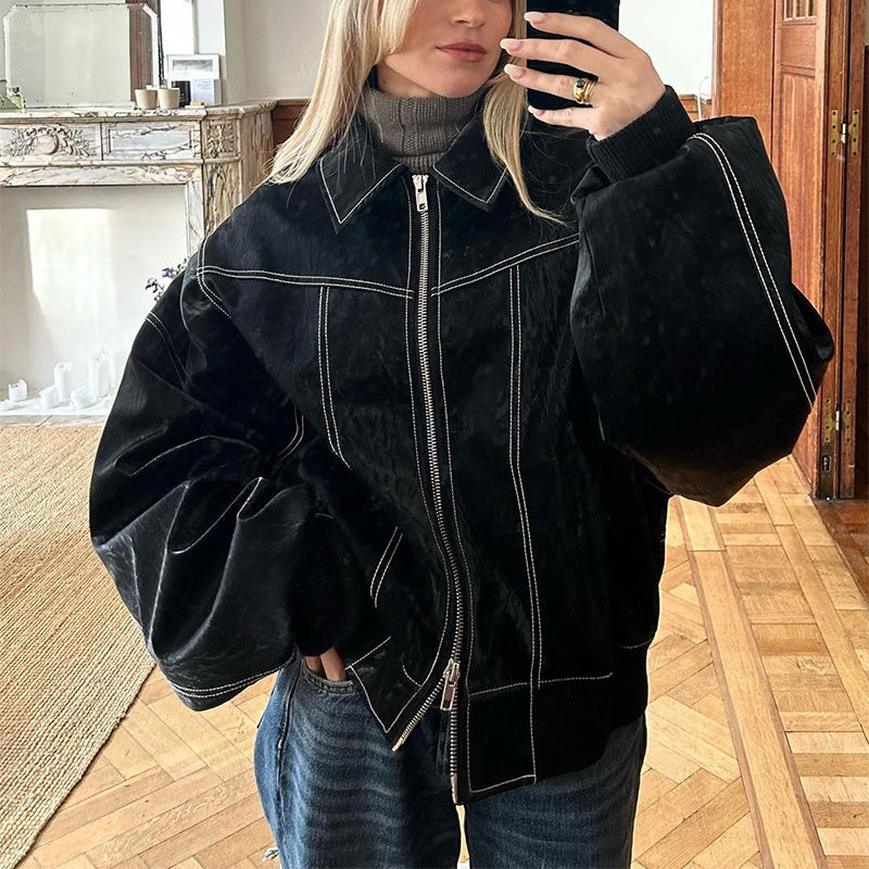 Veste zippée à revers de mode ample Cool à manches longues Fermeture à glissière Moto Biker Veste en cuir Vêtements pour femmes - Paris Aura