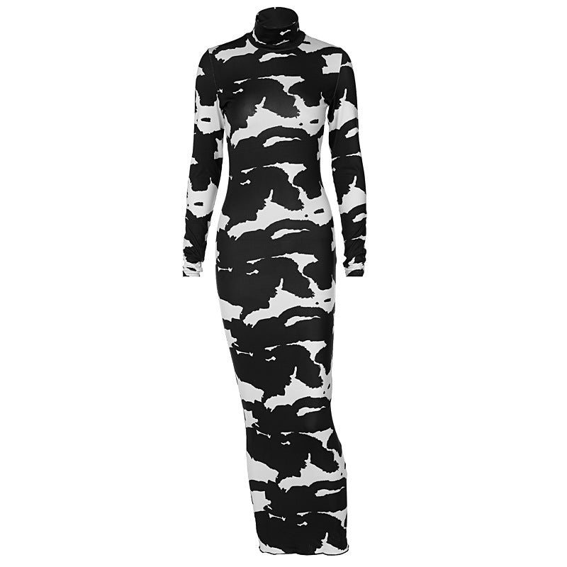 Robe Noire Slim à Col Roulé & Imprimé Floral – Élégance Assumée, Silhouette Sublimée - Paris Aura