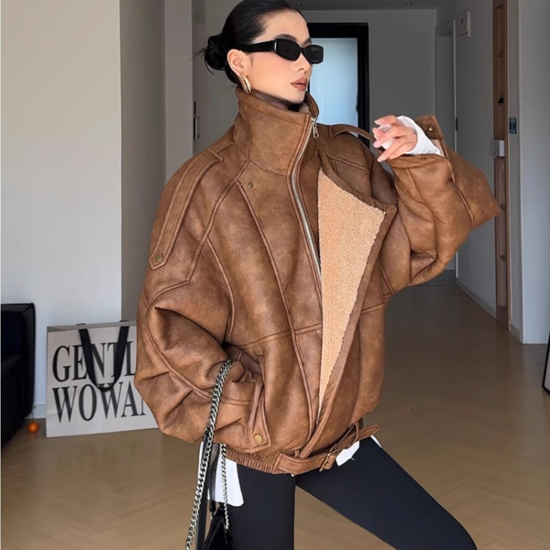 Amber - Blouson Rétro Moto Épaissi à Col Velours - Paris Aura