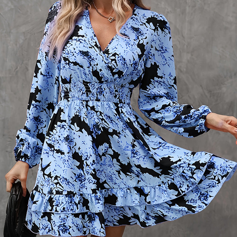 Robe Élégante Imprimée – Manches Lanterne, Décolleté en V & Taille Froncée - Paris Aura