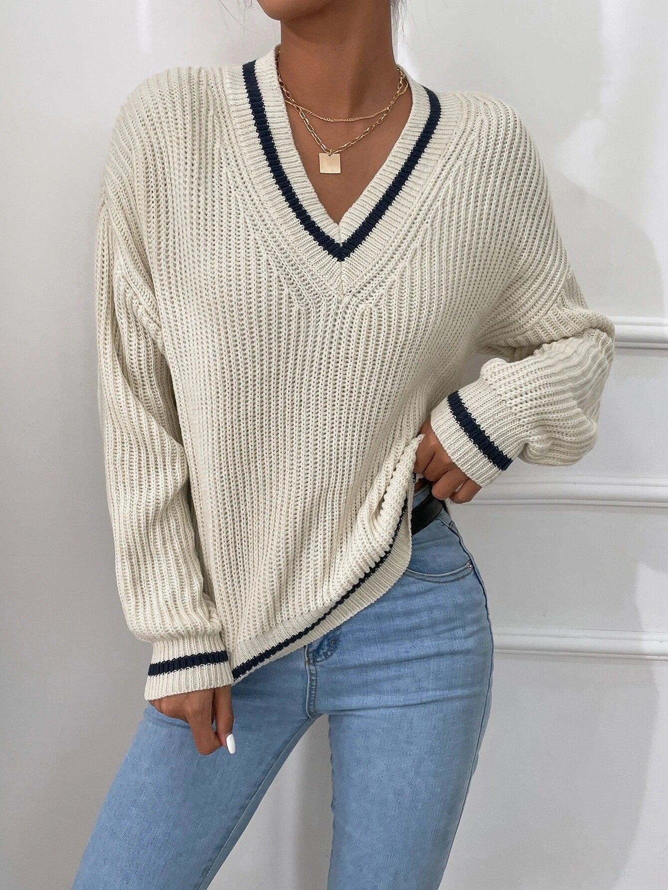 Pull en Maille à Rayures V-Neck pour Femme