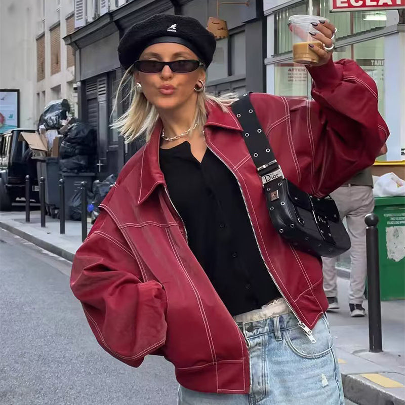 Veste zippée à revers de mode ample Cool à manches longues Fermeture à glissière Moto Biker Veste en cuir Vêtements pour femmes - Paris Aura