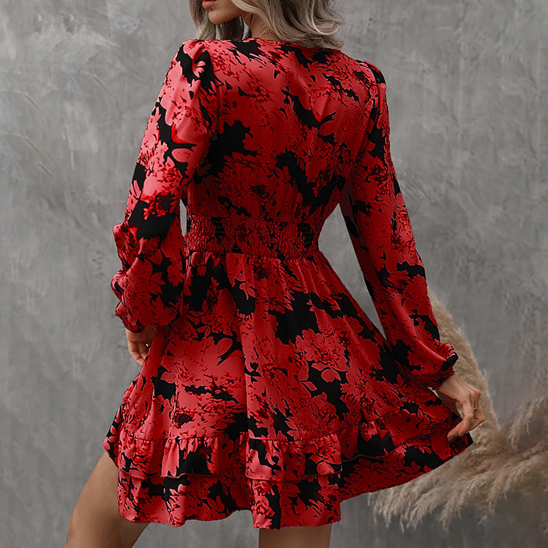 Robe Élégante Imprimée – Manches Lanterne, Décolleté en V & Taille Froncée - Paris Aura