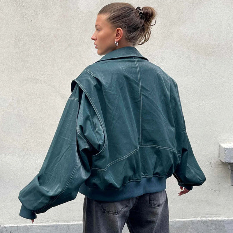 Veste zippée à revers de mode ample Cool à manches longues Fermeture à glissière Moto Biker Veste en cuir Vêtements pour femmes - Paris Aura