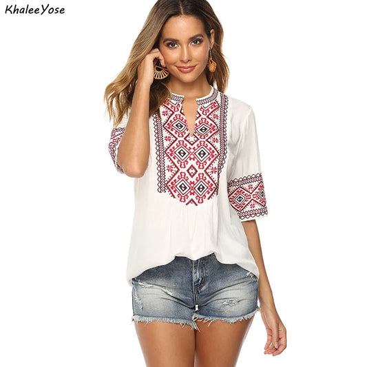 Blouse Bohème Brodée KHALEE YOSE – Style Mexicain | Blanc ou Rose | Grandes Tailles 2XL - 3XL - Paris Aura