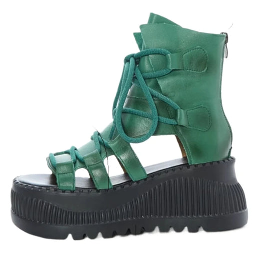 Bottines compensées en cuir véritable – Élégance estivale au style motard