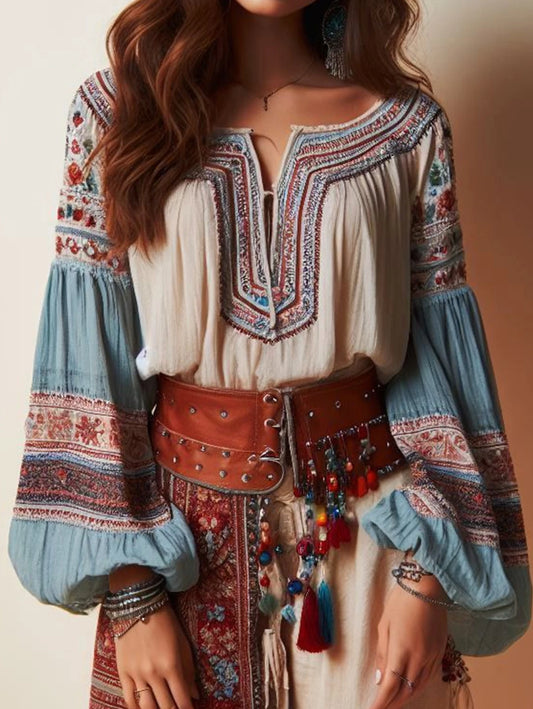 Blouse Bohème à Manches Lanternes – Style Ethnique Floral - Paris Aura