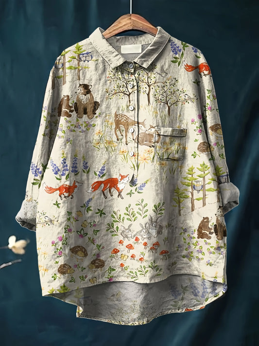 Blouse “Sylviane” – Chemise Longue Imprimée Forêt & Animaux, Coupe Ample, Printemps Été 2025 - Paris Aura