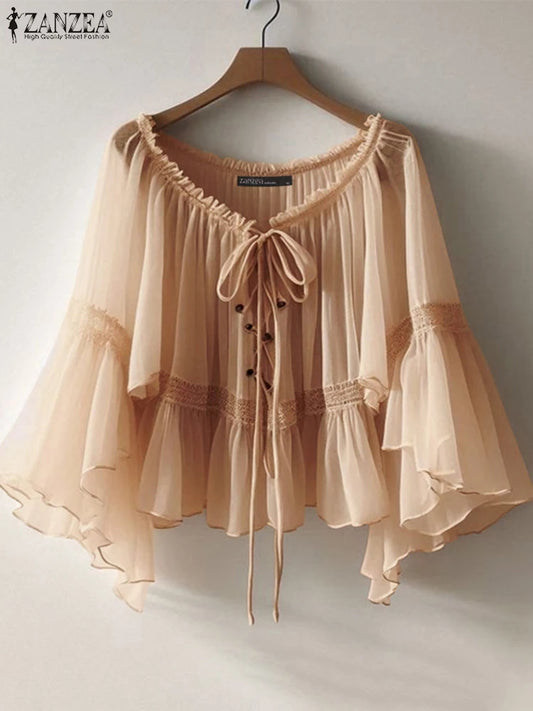Blouse Femme Chiffon ZANZEA – Haut Vintage Été 2025 Manches Évasées 3/4, V-Col, Transparent et Léger - Paris Aura