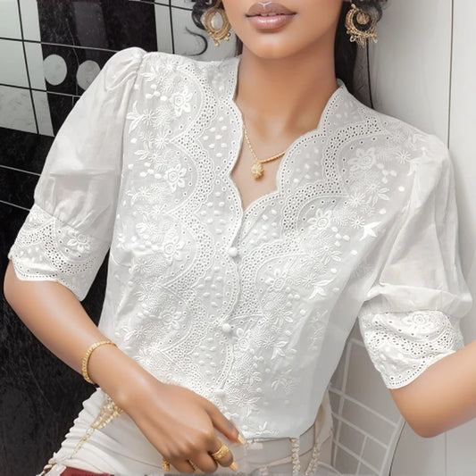 Blouse Blanche Brodée en Lin & Coton - Paris Aura