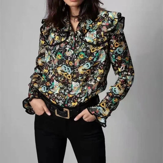 Blouse Vintage Imprimée – Style Cape - Paris Aura