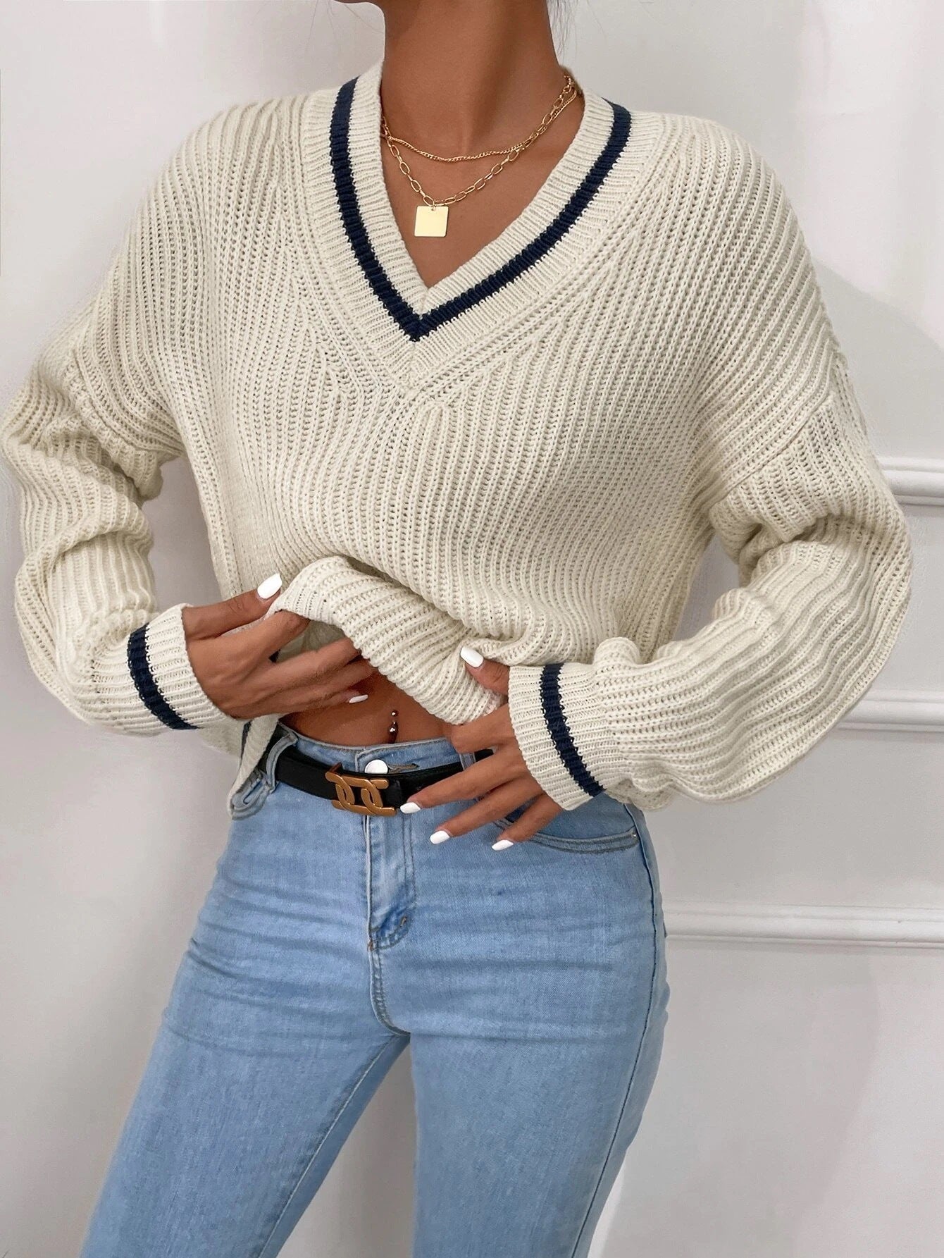 Pull en Maille à Rayures V-Neck pour Femme