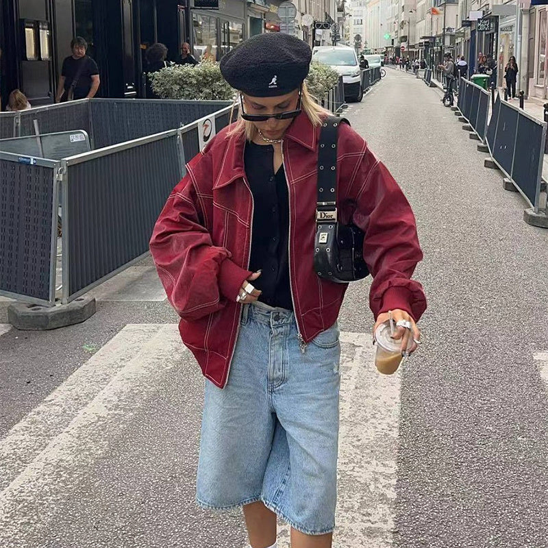 Veste zippée à revers de mode ample Cool à manches longues Fermeture à glissière Moto Biker Veste en cuir Vêtements pour femmes - Paris Aura