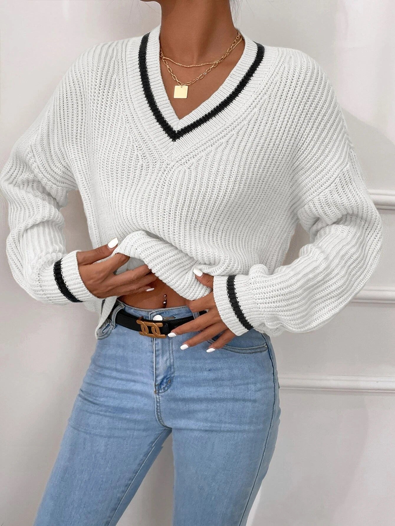 Pull en Maille à Rayures V-Neck pour Femme