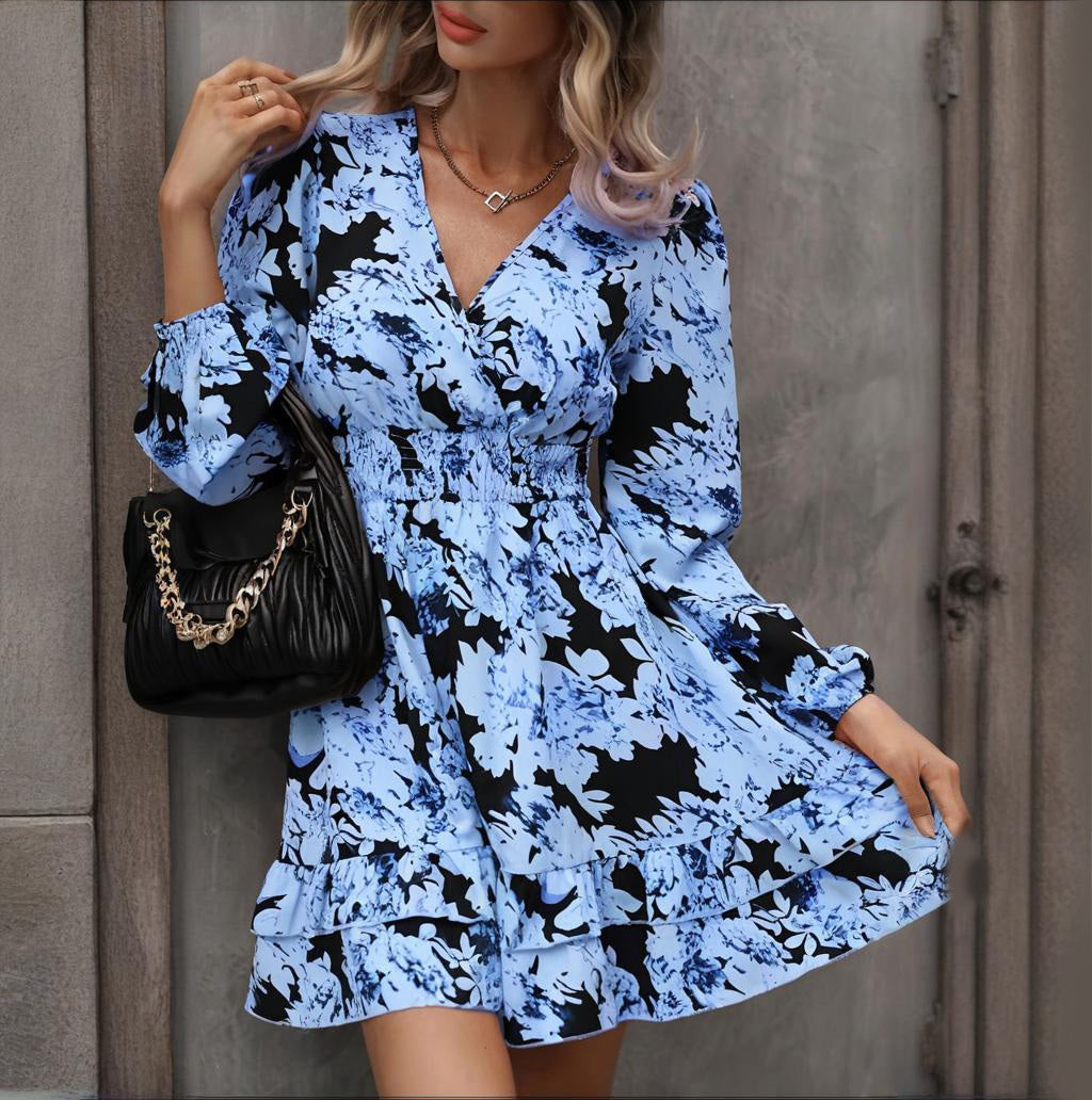 Robe Élégante Imprimée – Manches Lanterne, Décolleté en V & Taille Froncée - Paris Aura