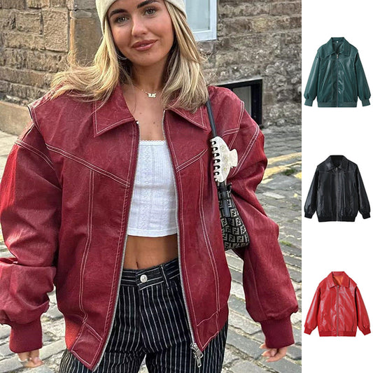 Veste zippée à revers de mode ample Cool à manches longues Fermeture à glissière Moto Biker Veste en cuir Vêtements pour femmes - Paris Aura