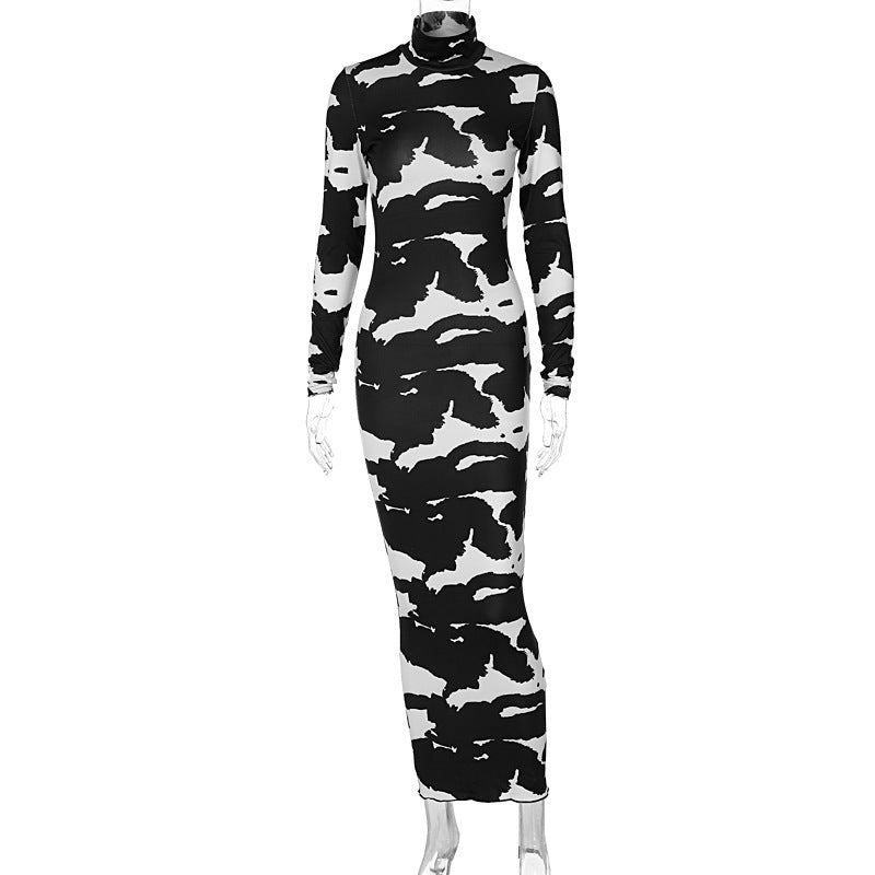Robe Noire Slim à Col Roulé & Imprimé Floral – Élégance Assumée, Silhouette Sublimée - Paris Aura