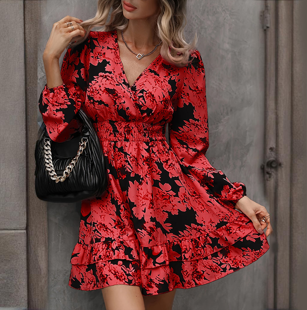 Robe Élégante Imprimée – Manches Lanterne, Décolleté en V & Taille Froncée - Paris Aura