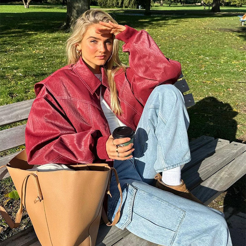 Veste zippée à revers de mode ample Cool à manches longues Fermeture à glissière Moto Biker Veste en cuir Vêtements pour femmes - Paris Aura