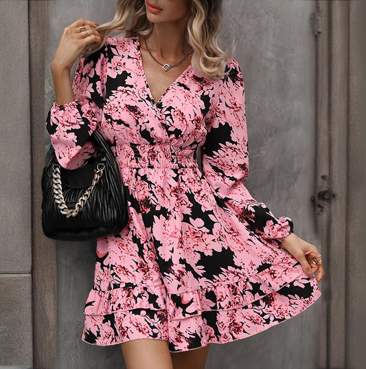 Robe Élégante Imprimée – Manches Lanterne, Décolleté en V & Taille Froncée - Paris Aura
